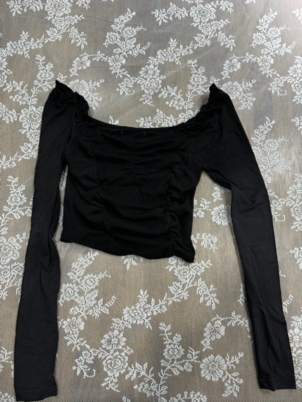 black ruched long sleeve blouse